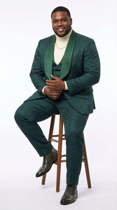 Mens Hunter Green Wedding Tuxedo Suit – Paisley Pattern Three Piece Formal Suit Set with Shawl Lapel for Groom, Prom in Emerald green