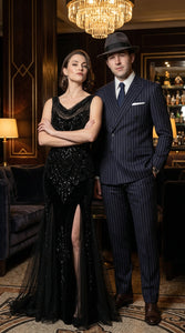 Men’s Black Pinstripe Blazer 1920s Gangster Mob Boss Style Jacket – Classic Double Breasted Vintage Suit Blazer, Formal Party Costume Wear