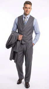 Men’s Grey 4-Button Zoot Suit – Four Buttons 3-Piece Fashion Suit with Double-Breasted Vest and Pleated Pants