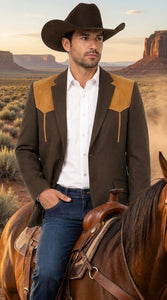 Men’s Chocolate Brown Western Blazer – Cowboy Sport Coat with Tan Suede Yoke for Rodeo & Country Wear