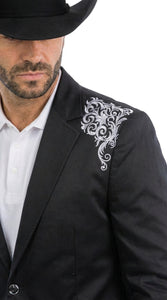 Men’s Black & White Western Blazer – Cowboy Sport Coat with Embroidered Shoulder & Back Design