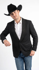 Men’s Black Western Blazer – Cowboy Tuxedo Jacket with Studded Shawl Collar with Glitter Lapel Rhinestone Lapel