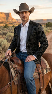 Men’s Black Sequin Western Blazer – Embroidered Cowboy Tuxedo Jacket with Rhinestone Lapels