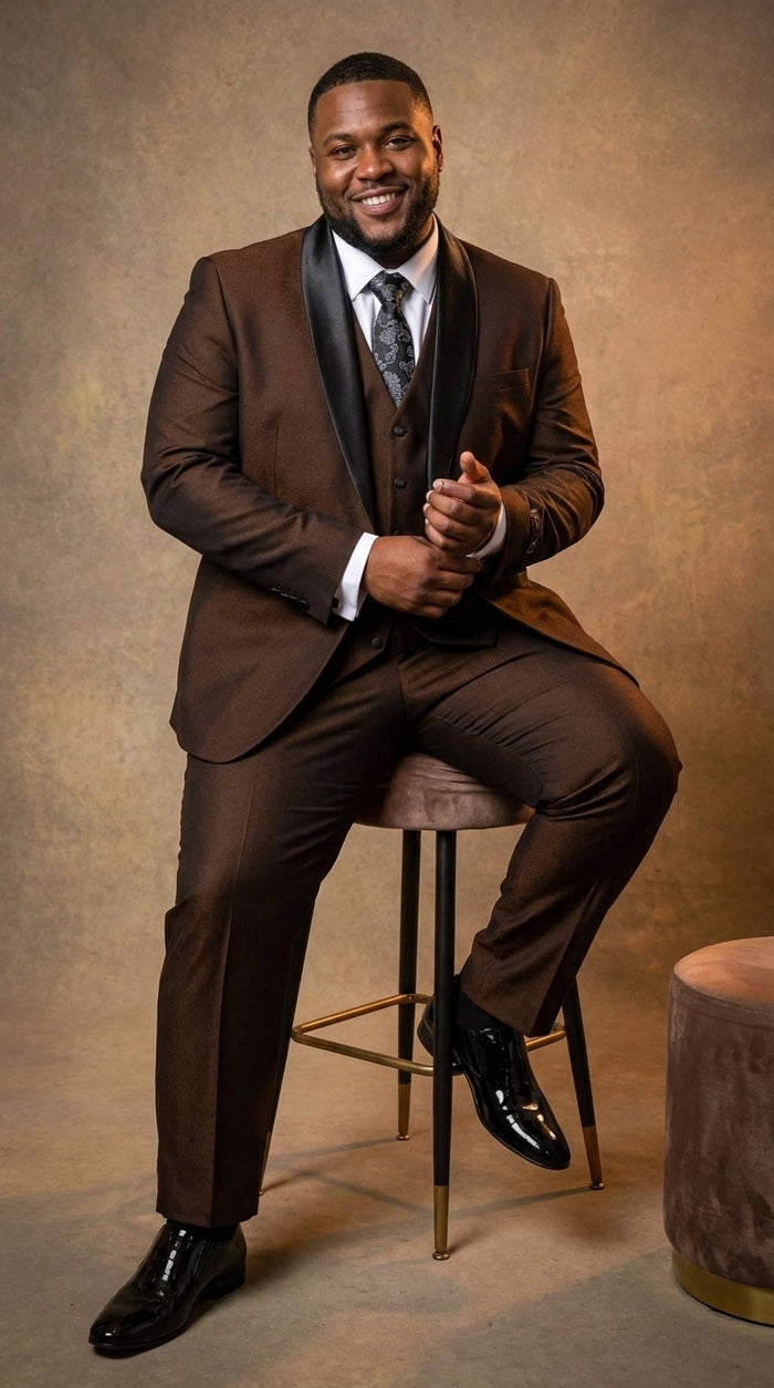 Men’s Chocolate Brown 3-Piece Tuxedo Suit with Black Satin Shawl Lapel – Shawl Collar Vested
