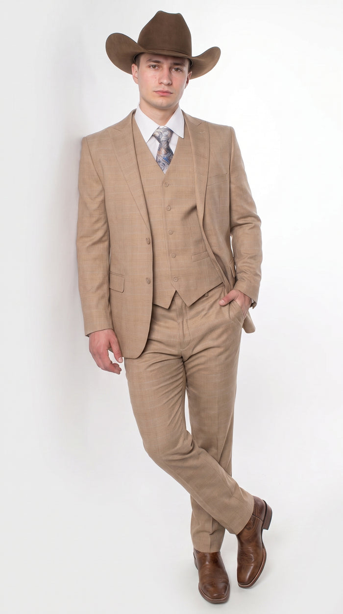 Men’s Khaki Tan Plaid Western Cowboy 3-Piece Suit – Texture Plaid windowpane Blazer, Vest & Pants