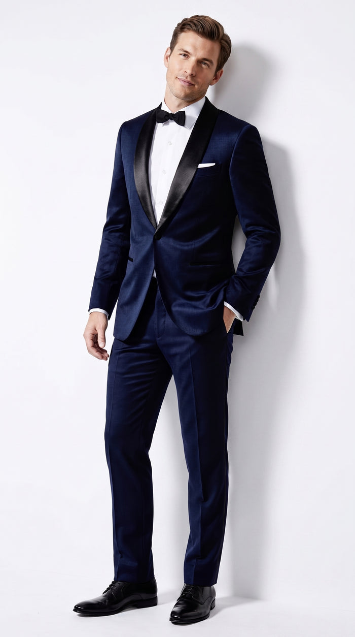 Men’s James Bond Inspired Navy Blue Tuxedo – Black Shawl Lapel Wedding & Prom Suit
