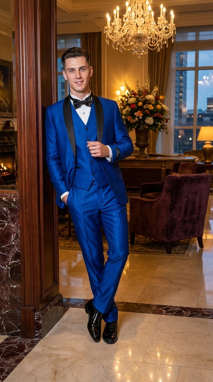 Men’s Shiny Royal Blue 3 Piece Tuxedo – Vested Wedding & Prom Suit with Black Shawl Lapel