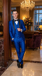 Men’s Shiny Royal Blue 3 Piece Tuxedo – Vested Wedding & Prom Suit with Black Shawl Lapel