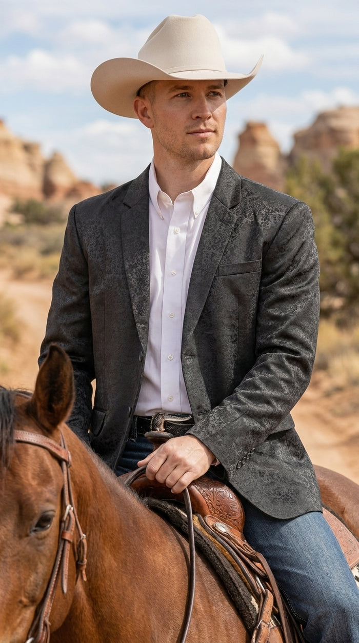 Men’s Black Western Paisley Blazer – Cowboy Jacquard Sport Coat