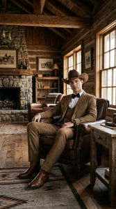 Men’s Light Brown Western 3-Piece Suit – Cowboy Wedding Suit with Vest British Khaki Bronze Color