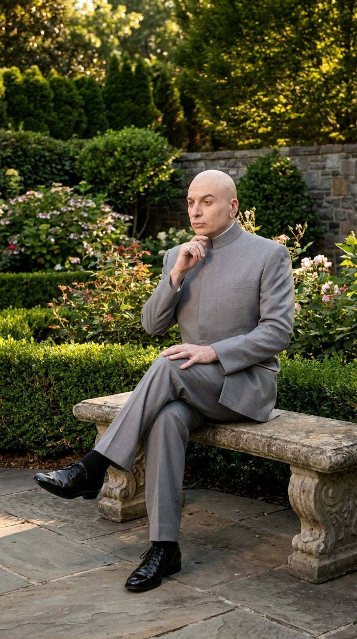 Men's Light Gray Austin Powers Dr. Evil Inspired Suit – Mandarin Collar 2 Piece Costume Suit for Halloween, Cosplay & Themed Parties