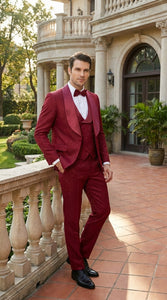 Mens Burgundy Wedding Tuxedo Suit – Paisley Three Piece Formal Suit Set with Shawl Lapel for Groom, Prom