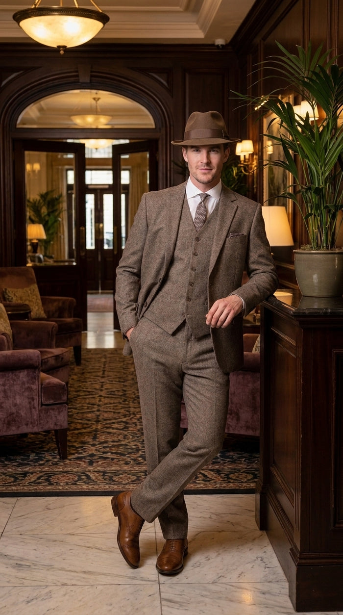 Men’s Brown Herringbone 3 Piece Suit – Vintage 1950s Inspired Tweed Vested Classic Suit