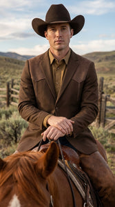 Men’s Dark Brown Western Blazer with Suede Yoke – Cowboy Sport Coat with Western Shoulder Details