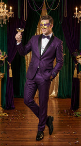 Mens Purple Shimmer Mardi Gras Suit with Black Satin Lapel – Shiny Metallic Formal Party and Carnival Suit Sequin Look