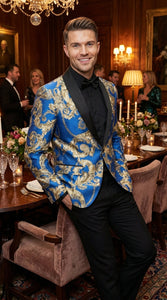 Men’s Royal Blue and Gold Blazer Jacket – Luxury Floral Pattern Tuxedo Blazer, Formal Party Wedding Dinner Jacket, Stylish Evening Wear