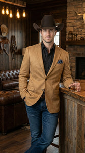 Men’s Camel Suede Cowboy Blazer with Elbow Patch – Camel Western Style Suede Sport Coat for Casual