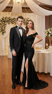 Mens Black and White Lapel Tuxedo Suit – Black Formal Tuxedo with White Pattern Lapel for Wedding, Prom and Evening Events