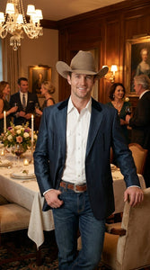 Men’s Sapphire Indigo Western Cowboy Blazer – Classic Western Style Jacket, Country Casual Dress Blazer in Navy Blue with sheen