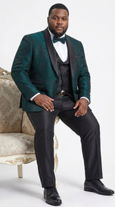 Tazzio Men’s Hunter Green & Black Paisley Tuxedo – Skinny Fit Shawl Collar 3-Piece Prom and Wedding Suit