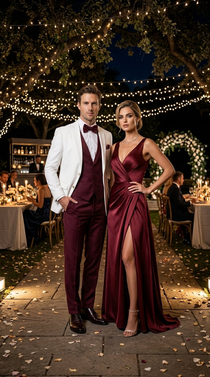 Men’s White and Burgundy 3 Piece Tuxedo Suit, Vested Formal Wedding Prom Dinner Suit Set bowtie included