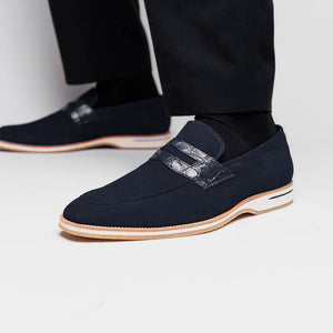 Zelli Meo 3 Suede Penny Loafers with Crocodile Accent in Navy