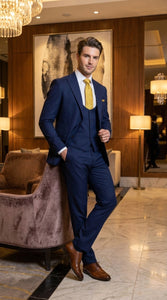 Mens Vitali 3 Piece Suit W/Scoop Vest Navy Blue 3-Piece Suit – Big Peak Lapel  Vest and Pants  Modern Fit Two Buttons