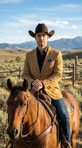 Men’s Camel Suede Cowboy Blazer with Elbow Patch – Camel Western Style Suede Sport Coat for Casual