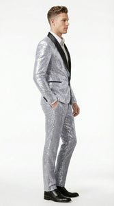 Mens Silver Grey Sequin Tuxedo Suit – Shiny Wedding Suit Set with Black Lapel for Prom, Party, Gala and Formal Evening Wear