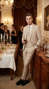 Mens Sand Beige 3 Piece Suit – Double breasted Vest Formal Suit Set  and Dress Pants in Champaign Natural Summer Color