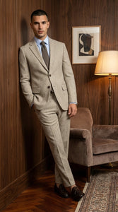 Men’s Light Tan Tweed Suit – Classic Beige Two Piece Suit, Herringbone Formal Wear, Vintage Style Business & Wedding Outfit for Men