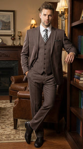 Men’s Brown Sharkskin 3 Piece Suit – Textured Two Button Vested Business Formal Suit for Wedding, Party Wear Vested