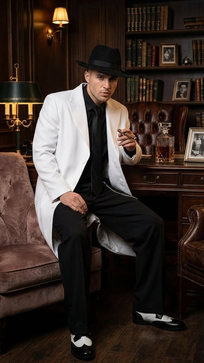 Men’s White Zoot Suit Gangster Style Outfit –  White Jacket + Vest + Pants + Shirt & Tie  Combo Package