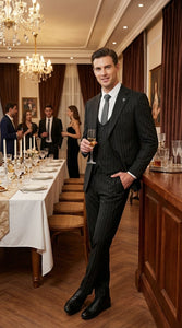 Men’s Black Pinstripe 3 Piece Suit – Vested Formal Business Suit for Wedding, Office, Prom and Party Wear