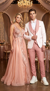Men’s Cream and Rose Pink Prom Suit – Cream Tuxedo Jacket with Rose Pink Pants and Shawl Lapel Formal Suit for Prom and Wedding