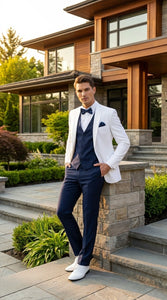 Men’s White and Navy blue tuxedo  3 Piece Suit – Classic White Blazer with Navy Vest and Pants for Wedding, Party + Bowtie