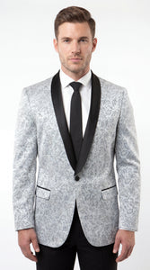 Men’s Silver and Black Floral Blazer – Elegant Formal Tuxedo Style Blazer Jacket for Wedding, Party, Prom and Evening Wear