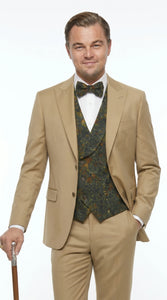 Men’s Khaki 3 Piece Suit with Patterned Vest, Great Gatsby Inspired Formal Suit for Weddings, Mardi Gra in Tan Camel Color