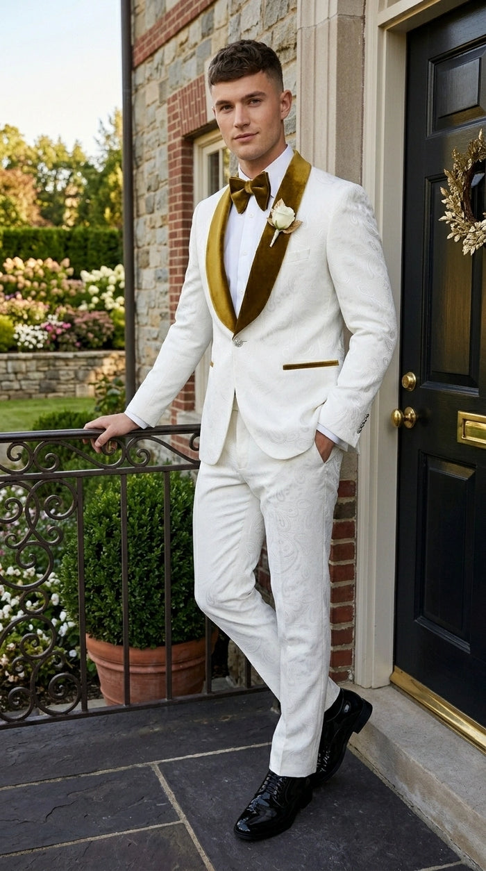 Men’s White Paisley 3 Piece With Vest Prom Tuxedo with Gold Velvet Shawl Lapel, Formal Wedding Suit Set