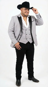 Men’s Light Gray Cowboy Tuxedo with Black Satin Lapel – Western Formal Suit with Double Breasted Vest