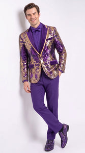 Men’s Purple and Gold Sequin Suit with Pants – Luxury Prom, Wedding and Party Blazer