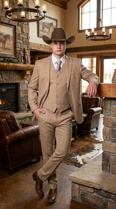 Men’s Khaki Tan Plaid Western Cowboy 3-Piece Suit – Texture Plaid windowpane Blazer, Vest & Pants