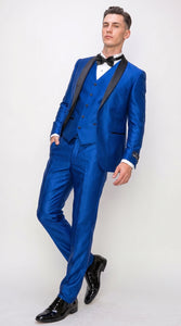 Men’s Shiny Royal Blue 3 Piece Tuxedo – Vested Wedding & Prom Suit with Black Shawl Lapel