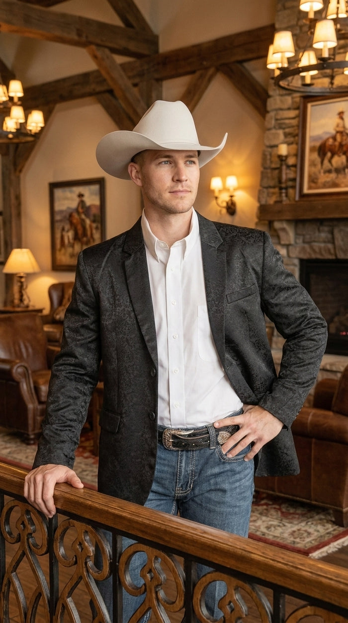 Men’s Black Western Paisley Blazer – Cowboy Jacquard Sport Coat