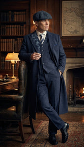 Men’s Navy Blue Herringbone Tweed  1920s 3 Piece Suit with Overcoat – Vintage Peaky Blinder Style Formal Suit Set with Blazer, Waistcoat + Overcoat + Hat
