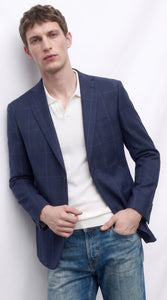 Men’s Navy Blue Plaid Wool Blazer – English Style Textured Wool Winter Sport Coat Windowpane pattern