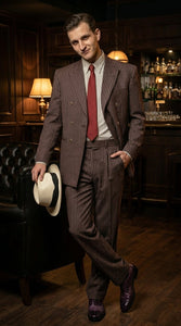 Men’s Brown Pinstripe Bonnie and Clyde Costume Suit – Vintage Gangster 1920s Outfit for Party, Halloween and Themed Events