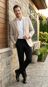 Zacchi Men’s Beige Hopsack Blazer – Classic Two Button Sport Coat with Peak Lapel Formal Jacket