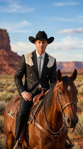 Men's Black Western Suit with White Shoulder Yoke – 2 Piece Cowboy Wedding Suit & Western Blazer with Matching Dress Pants