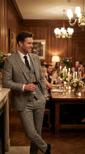 Vitali Brand Men’s Grey Textured Patterned 3 Piece Suit – Modern Fit Checkered Sharkskin with Blazer, Vest & Trousers, Business Wedding